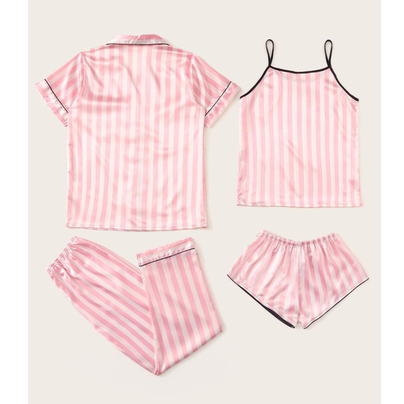 Satin Pink Stripes 4 Piece Pajamas Set - Picture 3 of 16